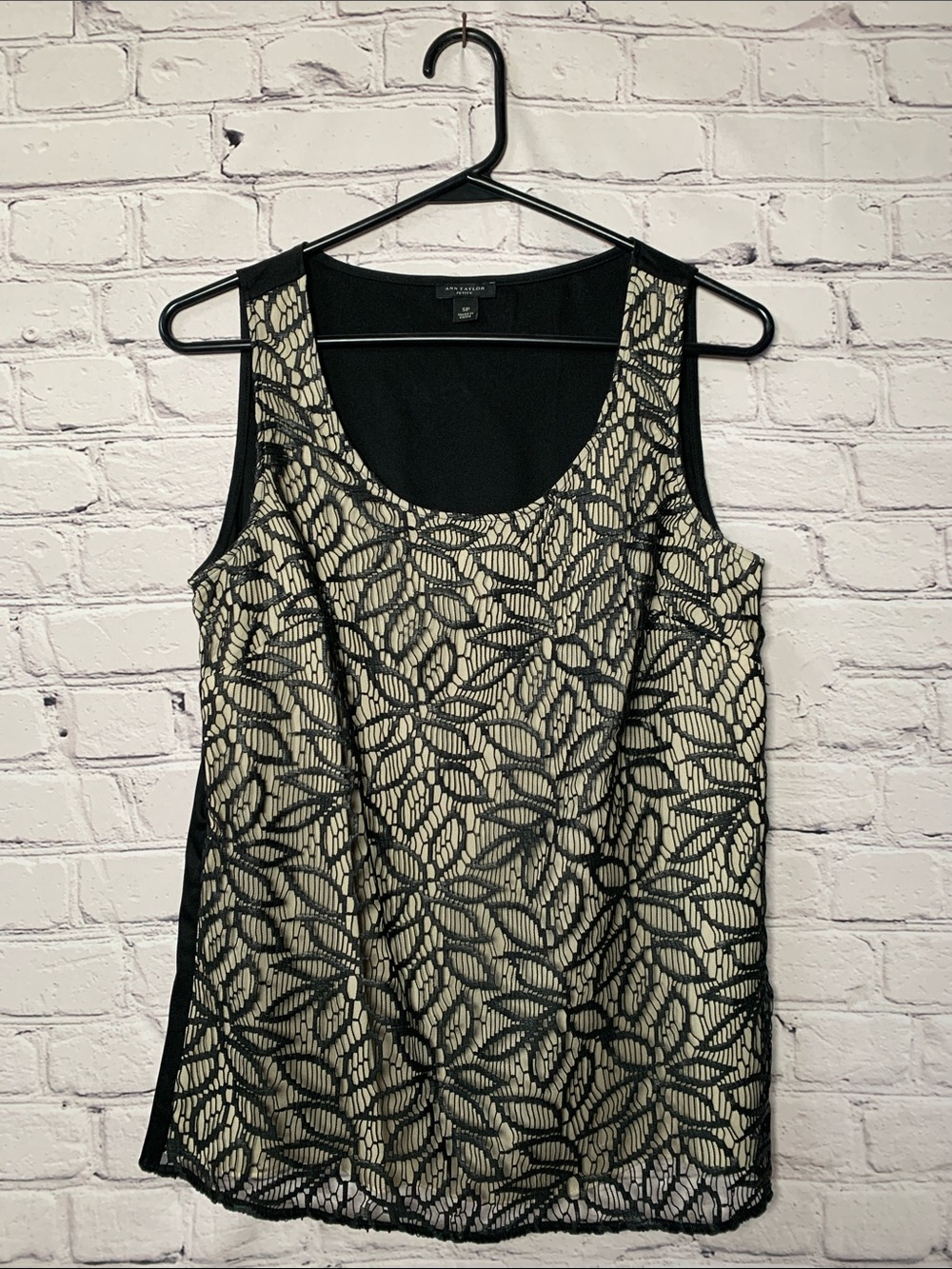 Ann Taylor Cream Tank with Black Floral Lace Overlay